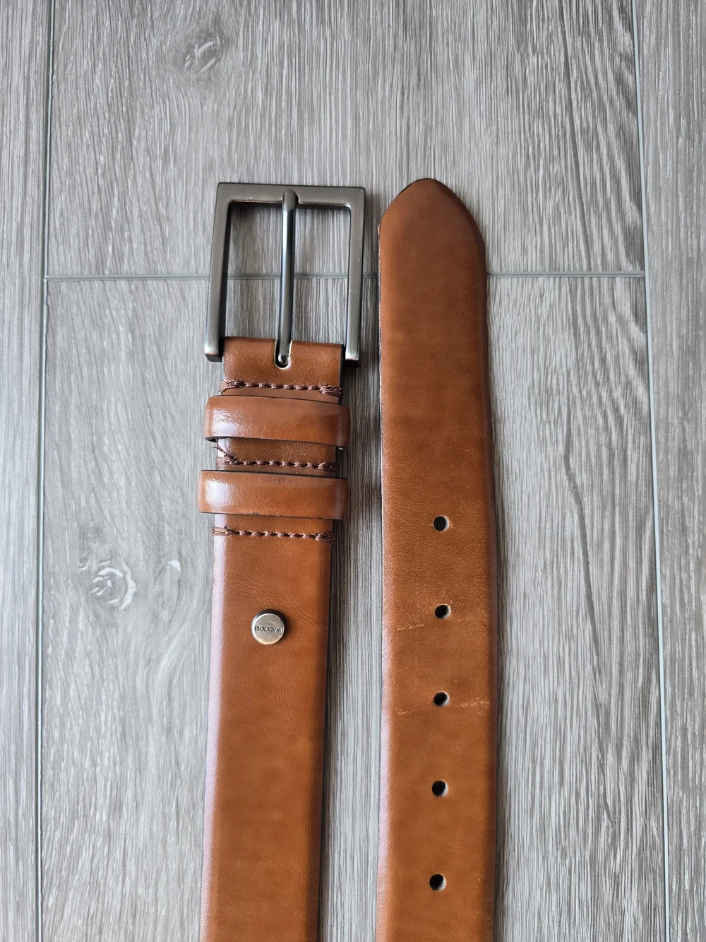 Boconi Cognac Tan Leather Belt Gunmetal Buckle Double Keeper Mens 34 Dress